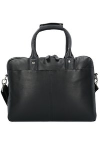 Black leather briefcase with dual handles, a removable shoulder strap, top zipper closure, and flat, textured surface.