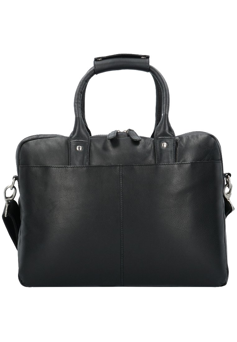 Black leather briefcase with dual handles, a removable shoulder strap, top zipper closure, and flat, textured surface.