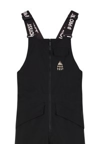 Salopette da sci nera con spalline logate regolabili, zip frontale e tasca sul petto. Caratterizzata da un design minimalista e una superficie liscia.