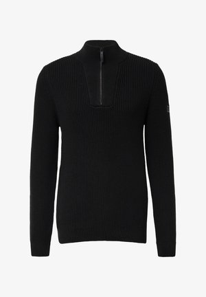 Black knit sweater with a zippered mock neck, ribbed texture, and long sleeves. Features a unique stitched design on the collar.