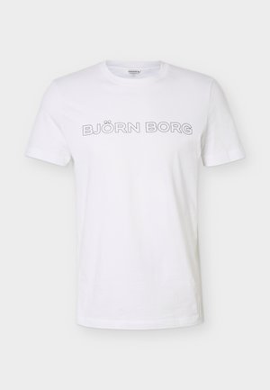 Bela majica s kratkimi rokavi in okroglim ovratnikom, na sprednji strani na sredini črn napis "BJÖRN BORG" z obrobo.