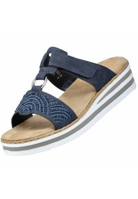 Navy blue sandals with a textured upper, featuring decorative blue rhinestones and an open-toe design, supported by a cushioned platform sole.