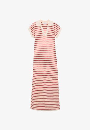 Neulemekko, jossa on lyhyet hihat, V-pääntie ja polo-kaulus. Ominaisuuksina punaiset ja kermaiset vaakaraitat kauttaaltaan. Pitkä, suora malli.