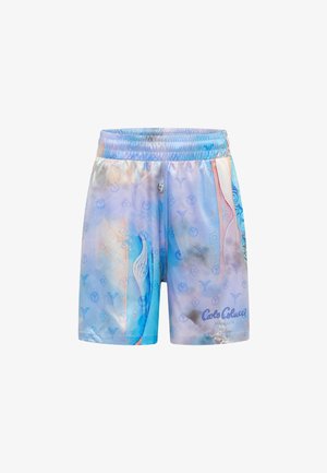 Colorful swim shorts featuring a light blue and purple abstract pattern, elastic waistband, and subtle logo detail at the hem.