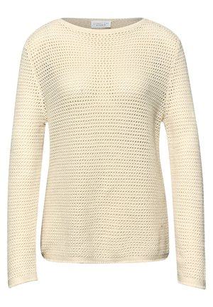 Gebreide trui in roomkleur met lange mouwen en een ronde hals, met een gestructureerd opengeweven patroon.