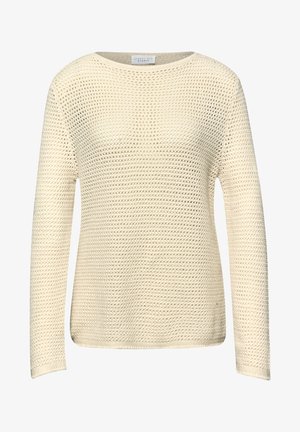 Suéter de punto color crema con mangas largas y escote redondo, con un patrón texturizado de tejido abierto.