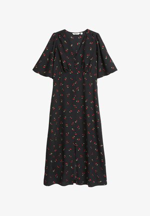 Zwarte midi-jurk met korte uitlopende mouwen, voorzien van een kersenprint in rood en groen. V-halslijn met plooidetail bij de bust.
