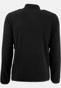 Pullover in pile nero con maniche lunghe, colletto a mezza zip e texture morbida. Design semplice, senza motivi o accenti visibili.