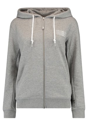 Jasnoszara bluza z kapturem na zamek, białe sznurki, kieszenie z przodu, prążkowane mankiety i ułożone logo O'Neill na lewej piersi.