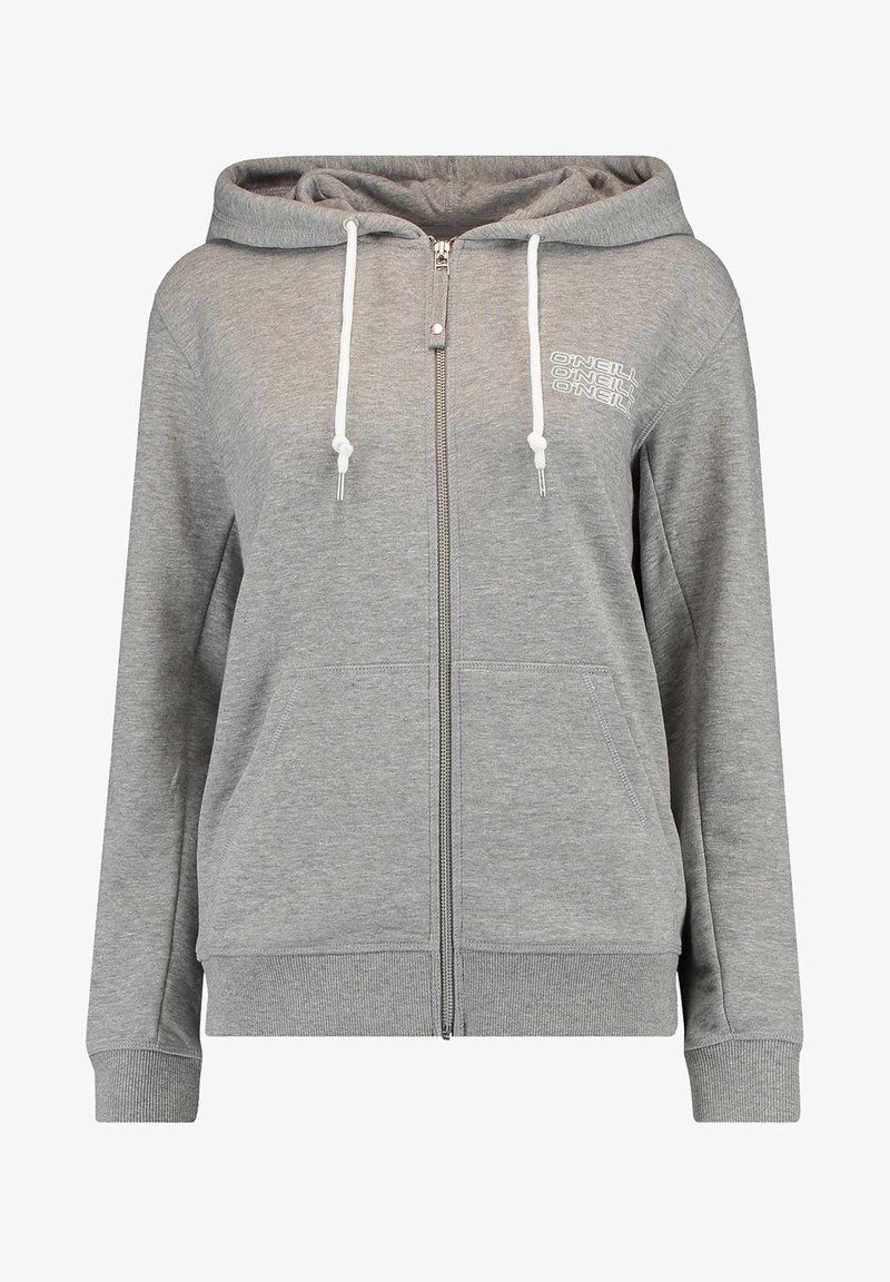 Sweat à capuche zippé gris clair avec cordons blancs, poches avant, poignets côtelés et logo O'Neill empilé sur la poitrine gauche.