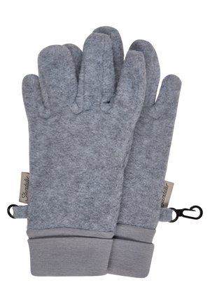 Paar graue Fleece-Winterhandschuhe mit gerippten Bündchen und kleinen schwarzen Clips, die jeweils nahe den Etiketten an jedem Handschuh angebracht sind.