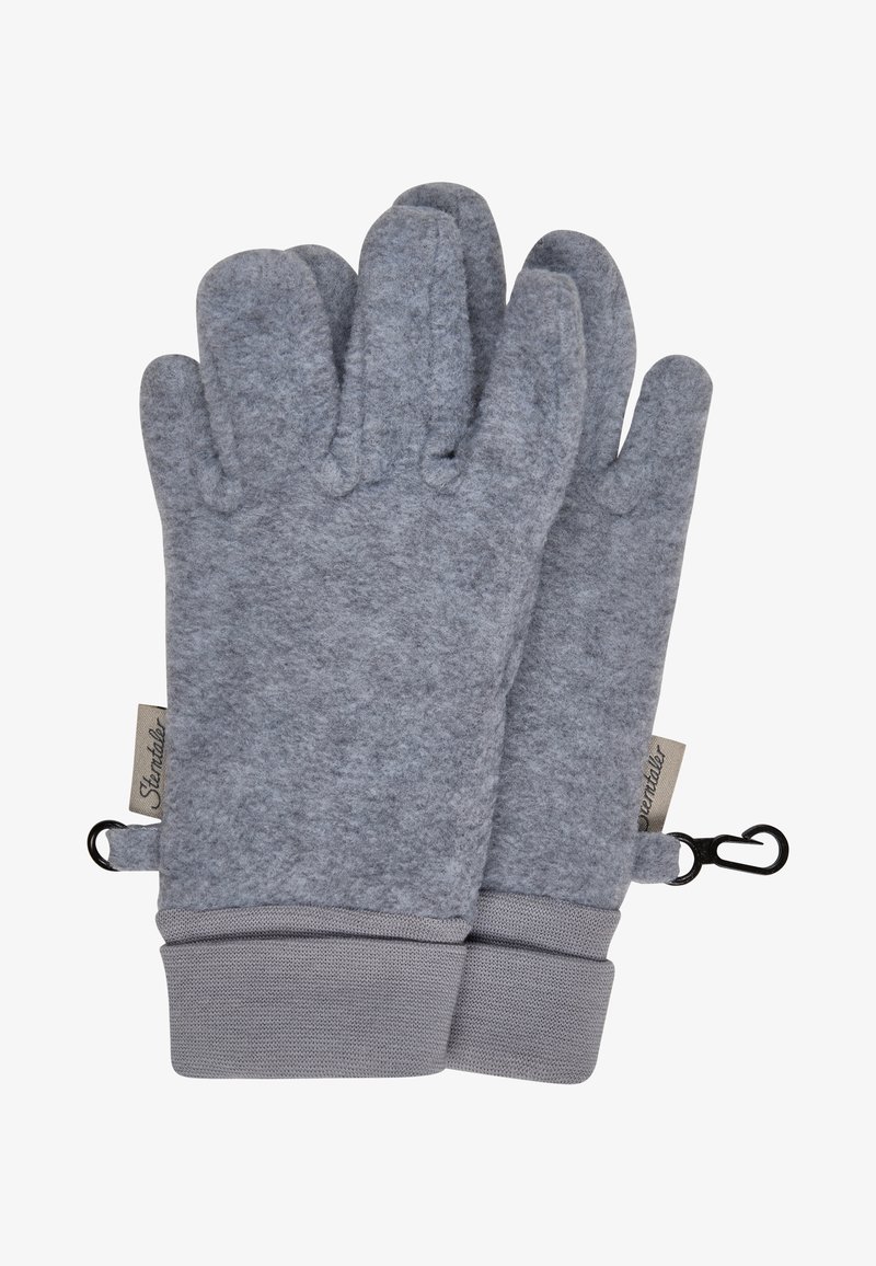 Pair of gray fleece winter gloves with ribbed cuffs and small black clips attached near tags on each glove.