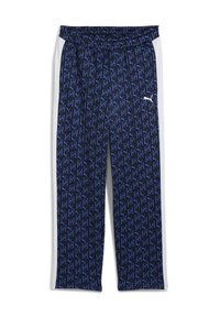Granatowe spodnie sportowe z powtarzającym się wzorem niebieskiego logo, elastycznym pasem, białymi paskami po bokach oraz małym białym logo na udzie.