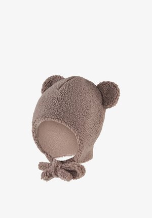 Soft brown fleece baby hat with bear ears and ties under the chin for secure fit and warmth.