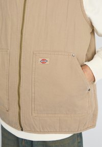 Bežinės, siūtu paveikslėlių liemenės su dviem priekinėmis kišenėmis, metaliniais snapeliais ir raudonu bei mėlynu Dickies logotipo pamušalu. Uždarymas su užtrauktuku.