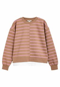 Felpa marrone con strisce orizzontali rosa, collo rotondo, spalle cadenti e polsini a coste. Presenta un orlo bianco sottostante.