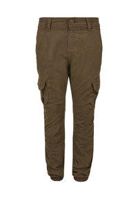 Brune cargo bukser lavet af bomuld med en glat tekstur, der har to store sidelommer og elastiske manchetter ved anklerne.