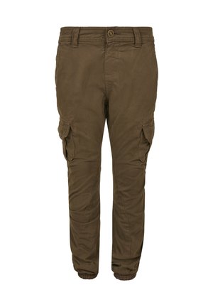Pantalons cargo marron en coton avec une texture lisse, comportant deux grandes poches latérales et des poignets élastiques aux chevilles.