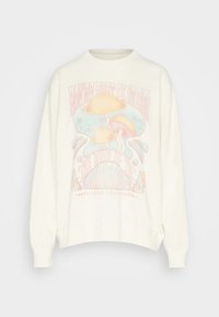 Krémová mikina s kulatým výstřihem a žebrovanými manžetami, na přední straně s barevnou grafikou houb a textovým designem.