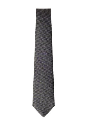 Corbata de seda con un patrón geométrico de formas hexagonales entrelazadas en colores azul oscuro, gris y negro.