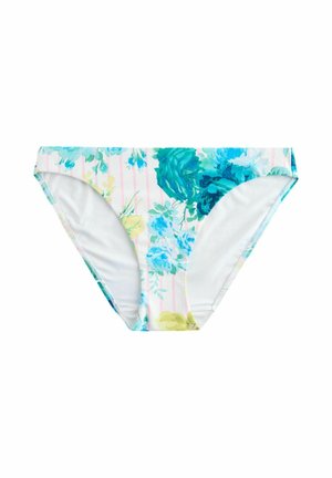 Kwiatowe dół bikini z niebiesko-zielonymi wzorami kwiatów na białym tle z delikatnymi, różowymi pionowymi paskami.