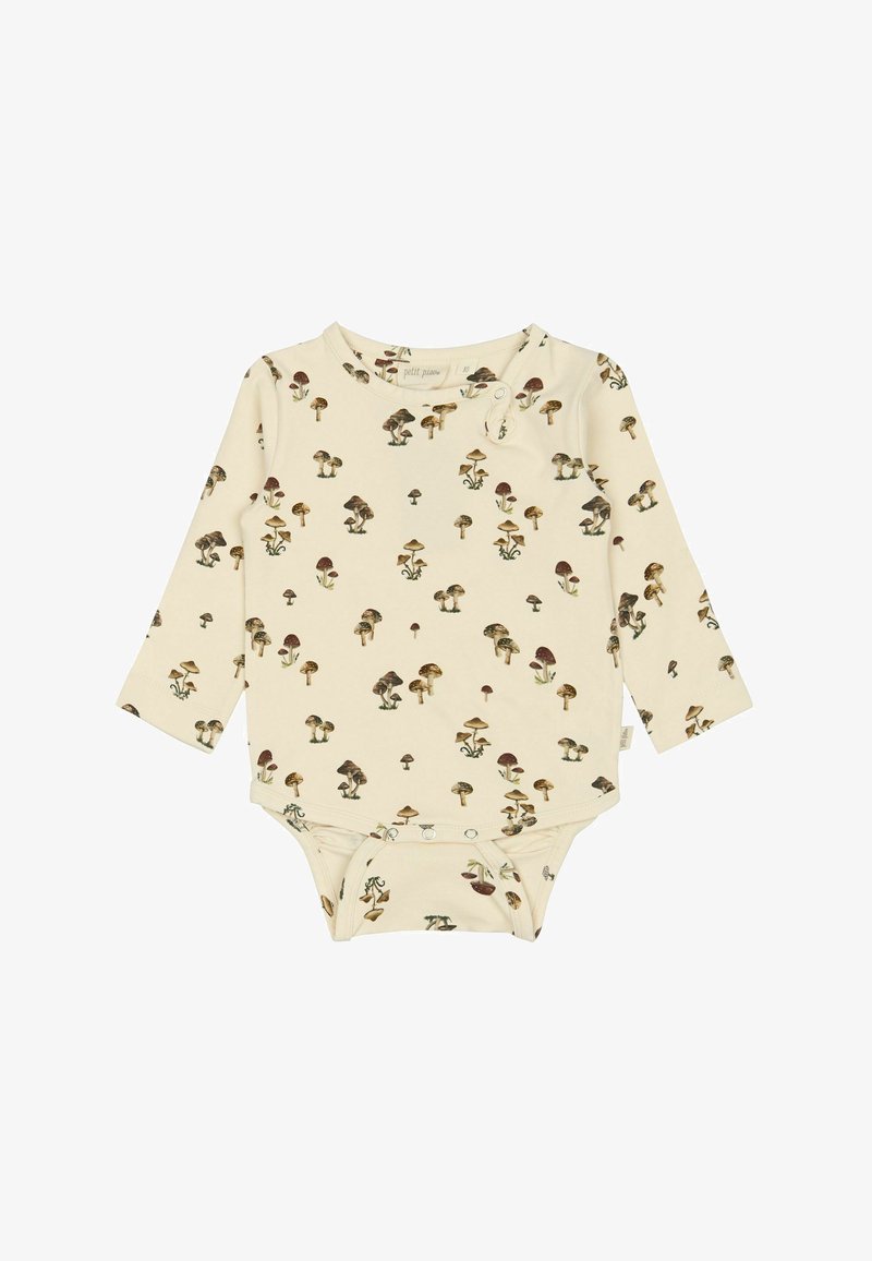 Pikad varrukad, kreemivärvi bodysuit, millel on maapindade tooni seenemuster. Pehme kangas, millel on nööbid õlal ja jalgade avades.