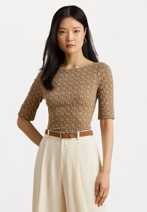 GEO PRINT STRETCH COTTON BOATNECK TEE - Tričko s potlačou - taupe