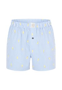Niebieskie bokserki w paski z nadrukiem żółtych lodów na patyku, z elastycznym pasem i guzikiem. Wykonane z lekkiego, miękkiego materiału.