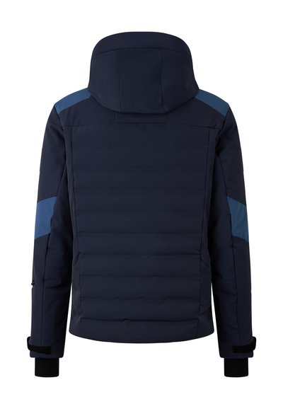 Navyblauwe gewatteerde jas met capuchon, voorzien van contrasterende blauwe accenten op de schouders, elastische manchetten en een gladde textuur.