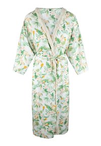 Bata de baño con estampado floral en blanco, que presenta hojas verdes y flores rosas, con un borde de encaje en el escote y una cintura atada.