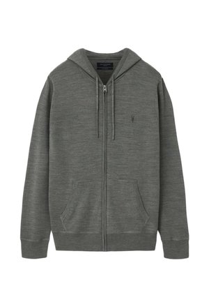 Felpa grigia con cappuccio con zip e cordino, tasche anteriori e logo ricamato discreto sul petto a sinistra.