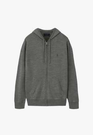 Grijze hoodie met ritssluiting, capuchon met trekkoord, steekzakken aan de voorkant en een subtiel geborduurd logo op de linkerborst.