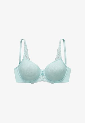Lichtblauwe beha met kantdetails, gepadde cups, verstelbare bandjes en een bloemenpatroon. Soepele afwerking met getextureerde accenten aan de randen.