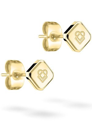 Goldene Ohrstecker in sechseckiger Form mit einem geprägten Design. Glatte Textur mit polierter Oberfläche und Schmetterlingsverschlüssen.
