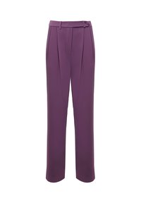 Pantaloni viola a vita alta con pieghe, dotati di una cintura e gambe larghe. Realizzati in tessuto morbido con un design su misura.