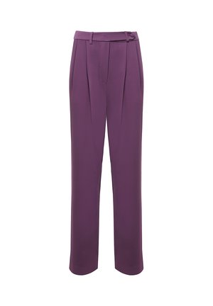 Pantaloni viola a vita alta con pieghe, dotati di una cintura e gambe larghe. Realizzati in tessuto morbido con un design su misura.