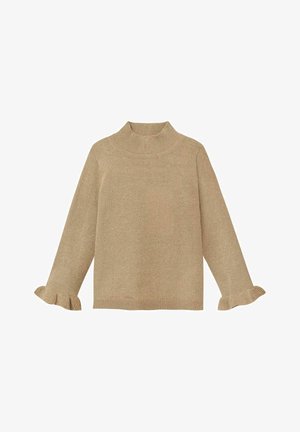 Pull en maille beige à manches longues avec un col montant côtelé et des poignets à volants sur les manches, posé à plat sur un fond blanc.