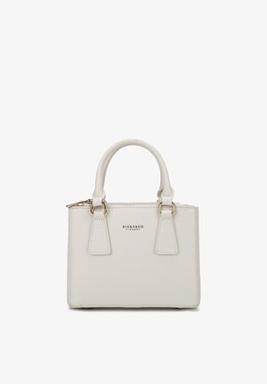 Piccola borsa strutturata in materiale sintetico beige chiaro, con doppio manico, dettagli in oro e chiusura con zip.