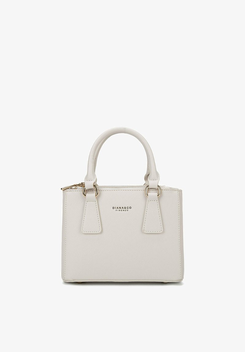 Piccola borsa strutturata in materiale sintetico beige chiaro, con doppio manico, dettagli in oro e chiusura con zip.