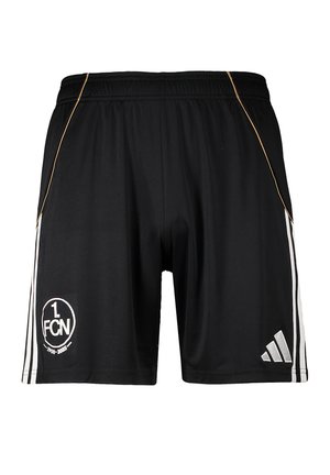 Sort atletikshorts med hvide side-striber, FCN-logo på venstre ben, Adidas-logo på højre ben og tynd gul piping langs siderne.
