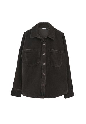 Bruine corduroy shirt met een kraag, twee voorzakken en knoopsluiting. Heeft een geribbelde textuur en een zwart merketiket aan de zoom.