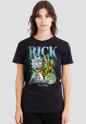 Young woman wearing a black Rick and Morty T-shirt featuring animated character Rick Sanchez and a large wasp design.