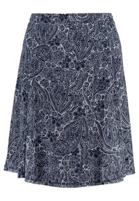Laivastonsininen hame, jossa on kukka- ja paisley-kuvio, valmistettu kevyestä kankaasta, helma levenevä ja joustava vyötärönauha.