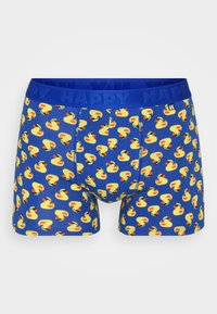 Boxerky z modrého materiálu s potlačou žltých gumových kačičiek. Elastický pás s vyrazeným nápisom "HAPPY" v modrej farbe. Mäkká textúra.