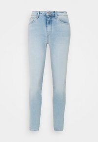 Vaaleansiniset slim fit -farkut, joissa on keskikorkea vyötärö, etutaskut ja sileä pinta, jossa on lievää haalistumista.