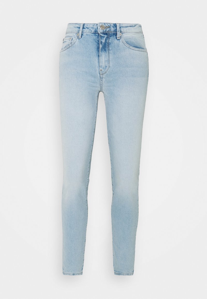 Vaaleansiniset slim fit -farkut, joissa on keskikorkea vyötärö, etutaskut ja sileä pinta, jossa on lievää haalistumista.