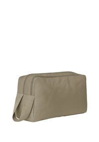 Borsa da toeletta rettangolare beige con una superficie liscia e due cerniere superiori. Dotata di una maniglia ad anello su un lato per il trasporto.
