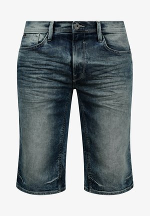 Shorts en jean de couleur bleu moyen avec une texture délavée. Comprend cinq poches, un système de fermeture à bouton en métal et des coutures décoratives le long des coutures.