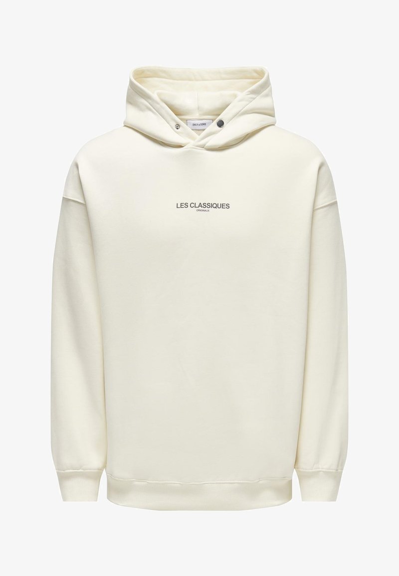Felpa color crema realizzata in morbido tessuto, con tasca a marsupio frontale e testo 'LES CLASSIQUES' al centro.