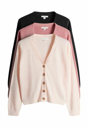Set aus drei mittelgroßen Strickjacken in Creme, Rosa und Schwarz, mit langen Ärmeln und Knopfverschluss vorne.